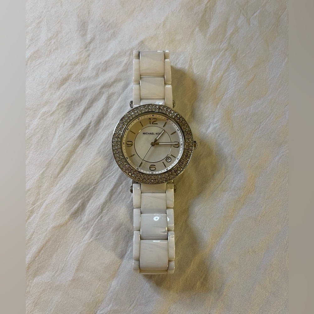 Michael Kors White Ceramic Watch with Crystal Bezel